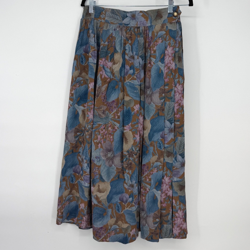 AKF Vintage 90s Floral Maxi Skirt Blue Brown Boho Cottagecore Size M - Picture 1 of 6